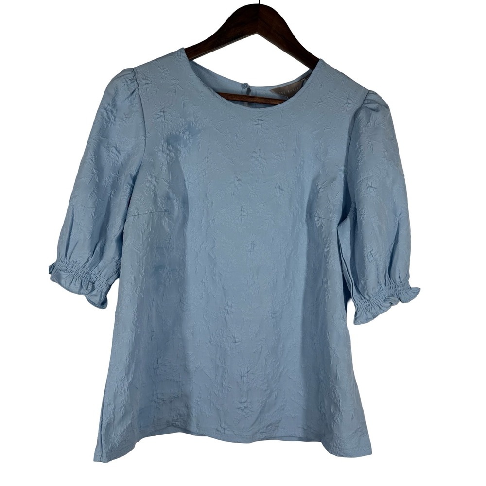 Ted Baker Baby Blue Floral Jacquard Puff Sleeve Blouse Top Size S 1037380 - Picture 3 of 5